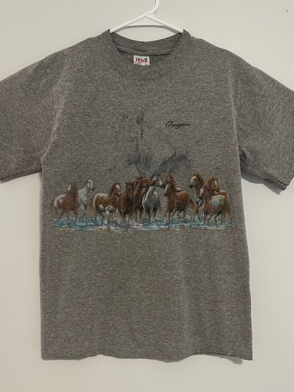 Oregon Horses Animal Print T-Shirt Medium Gray Vintage Y2K Short Sleeve